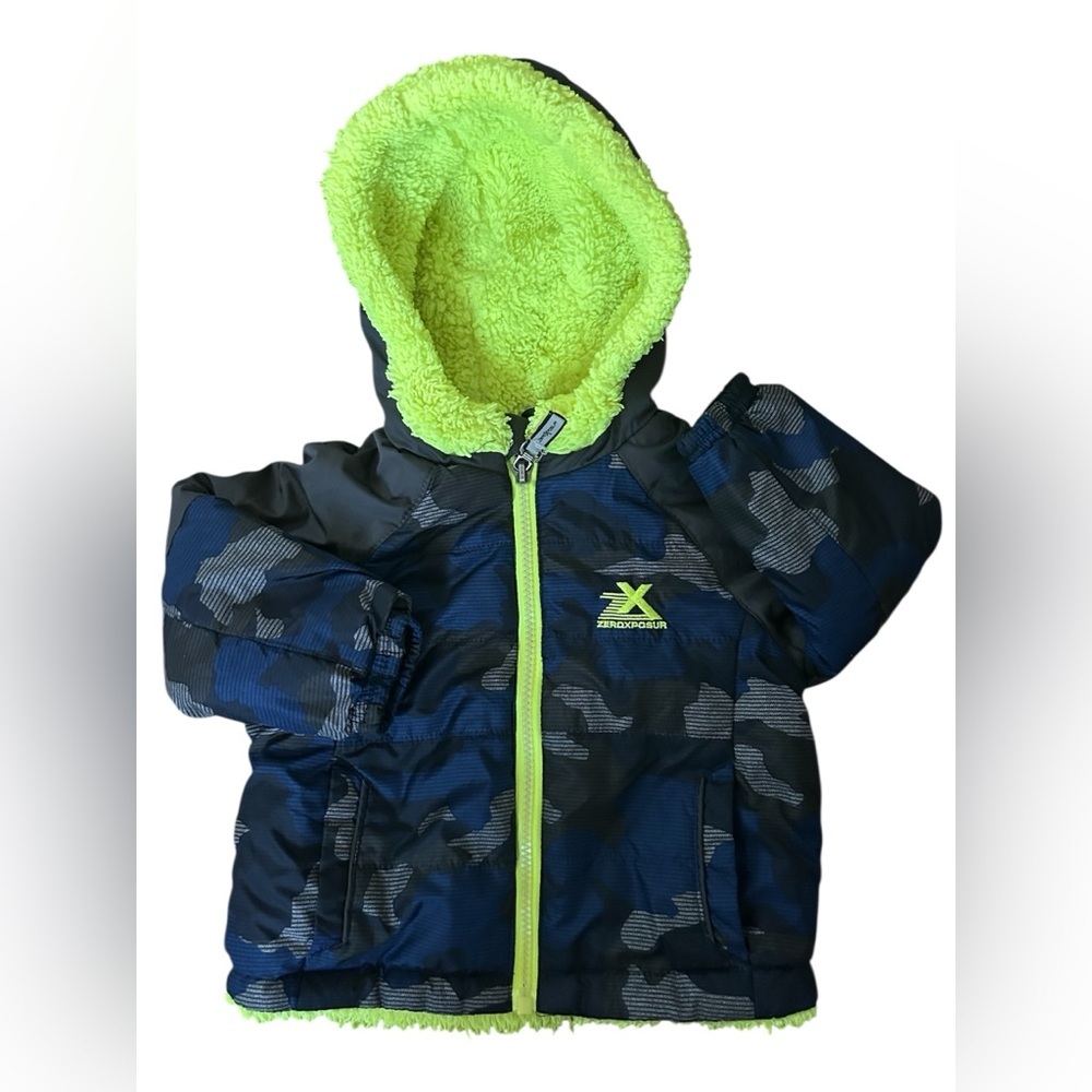 ZeroXposur Boys Blue Camo Neon Sherpa Hooded Puffer Winter Coat 12M